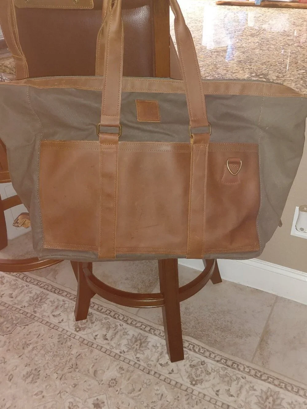 Vintage Jon Hart Large Weekender Duffel Bag Olive Canvas Brown Leather Strap